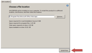 The Choose a file location screen on the Office Web Apps install wizard.