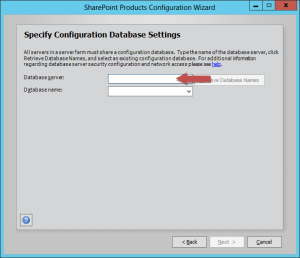 Specify the database server and name on the SharePoint Configuration Wizard